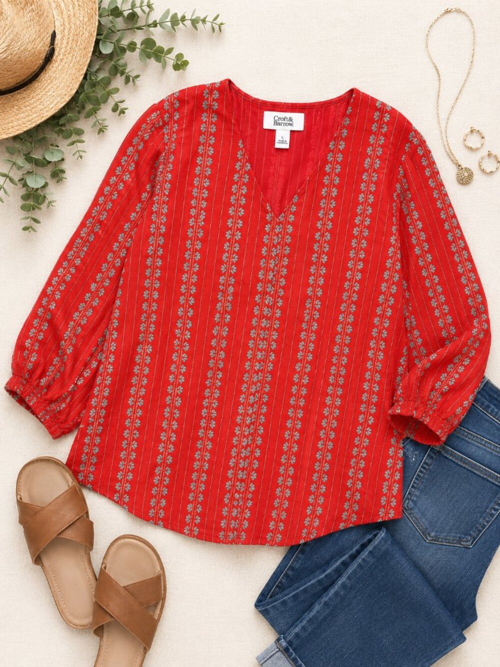 Croft & Barrow Coral Red Boho Peasant Blouse Women's Large V-Neck 3/4 Sleeve